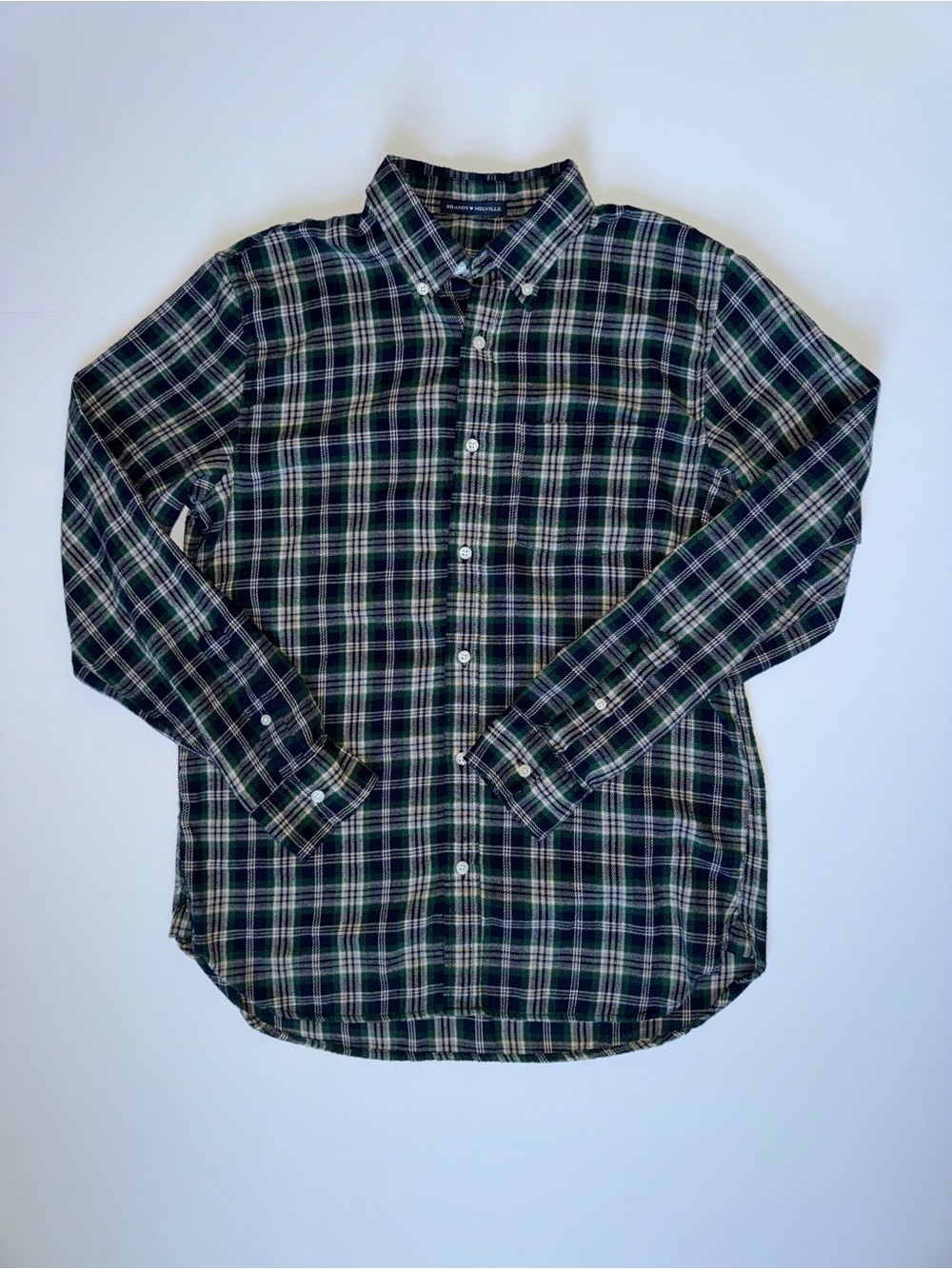 Brandy Melville Long-Sleeve Plaid Button-Down Flannel Shirt - Green/Navy